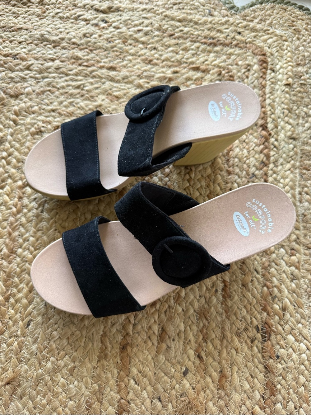 Dr Scholl Black Two-Strap Wooden Wedge Heels